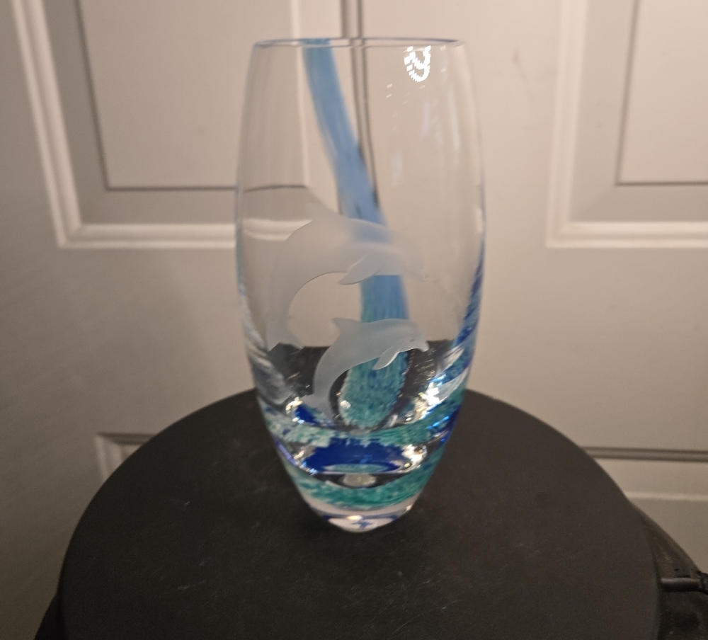 Lenox Undersea Paradise Dolphins & Blue Wave Crystal Glass Decorative Vase